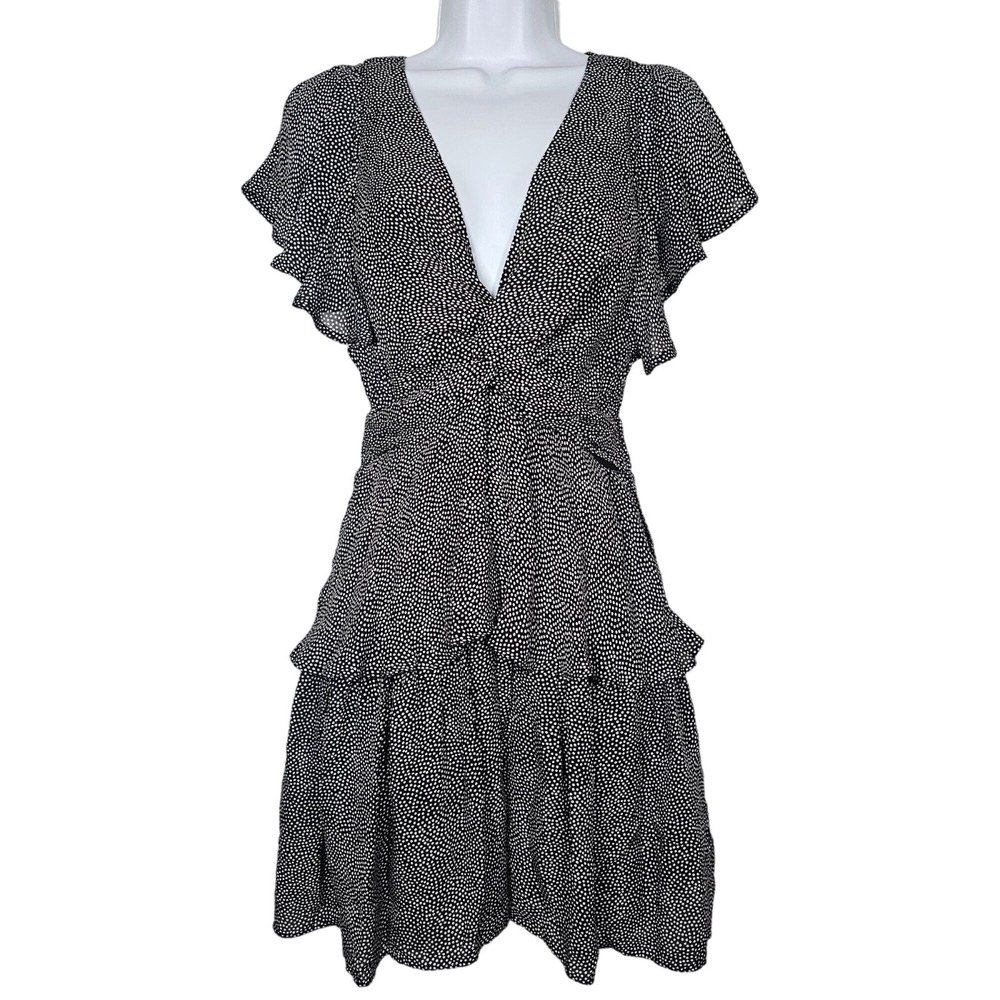 ALC Deep V-Neck Silk Polka Dot Viera Mini Dress Ruffled Flutter Sleeve Women's 2